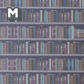 1:12 scale miniature library bookshelf wallpaper, rows of books in muted blue, pink and brown on gray shelves