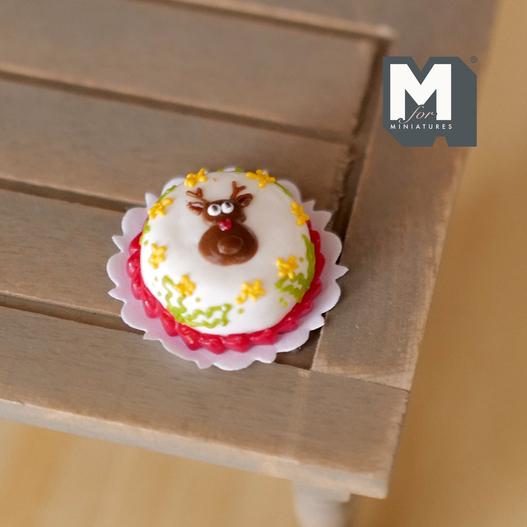 1:12 Scale Miniature Reindeer Christmas Cake with White Frosting on Doily, 13/16 inch dia., DIY Dollhouse Supply