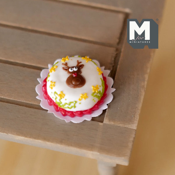 Miniature Reindeer Christmas Cake 1 Inch Scale Dollhouse Supplies Food Decoration Dessert E013
