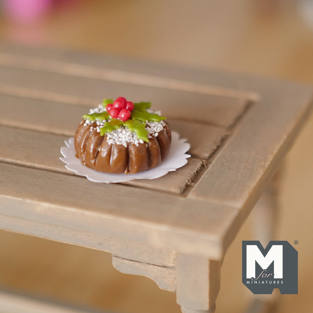 1:12 Scale Miniature Round Chocolate Christmas Cake on Doily, 13/16 inch dia., DIY Dollhouse Supply (clay)