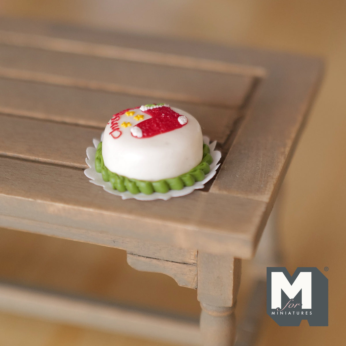1:12 Scale Miniature White Frosted Christmas Cake with Red Decoration on Doily, 7/8 inch dia., DIY Dollhouse Supply (clay)