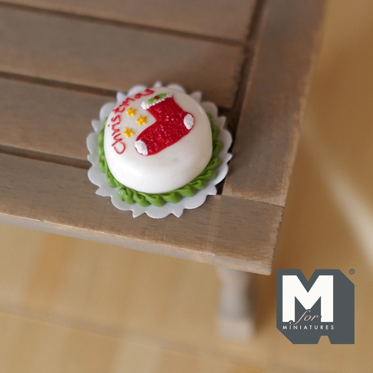 1:12 Scale Miniature White Frosted Christmas Cake with Red Decoration on Doily, 7/8 inch dia., DIY Dollhouse Supply (clay)