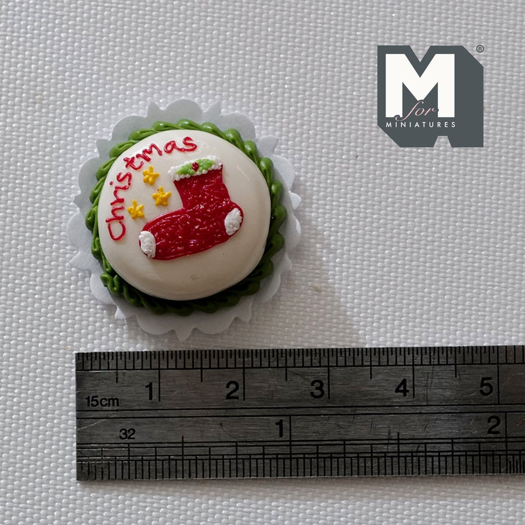 1:12 Scale Miniature White Frosted Christmas Cake with Red Decoration on Doily, 7/8 inch dia., DIY Dollhouse Supply (clay)