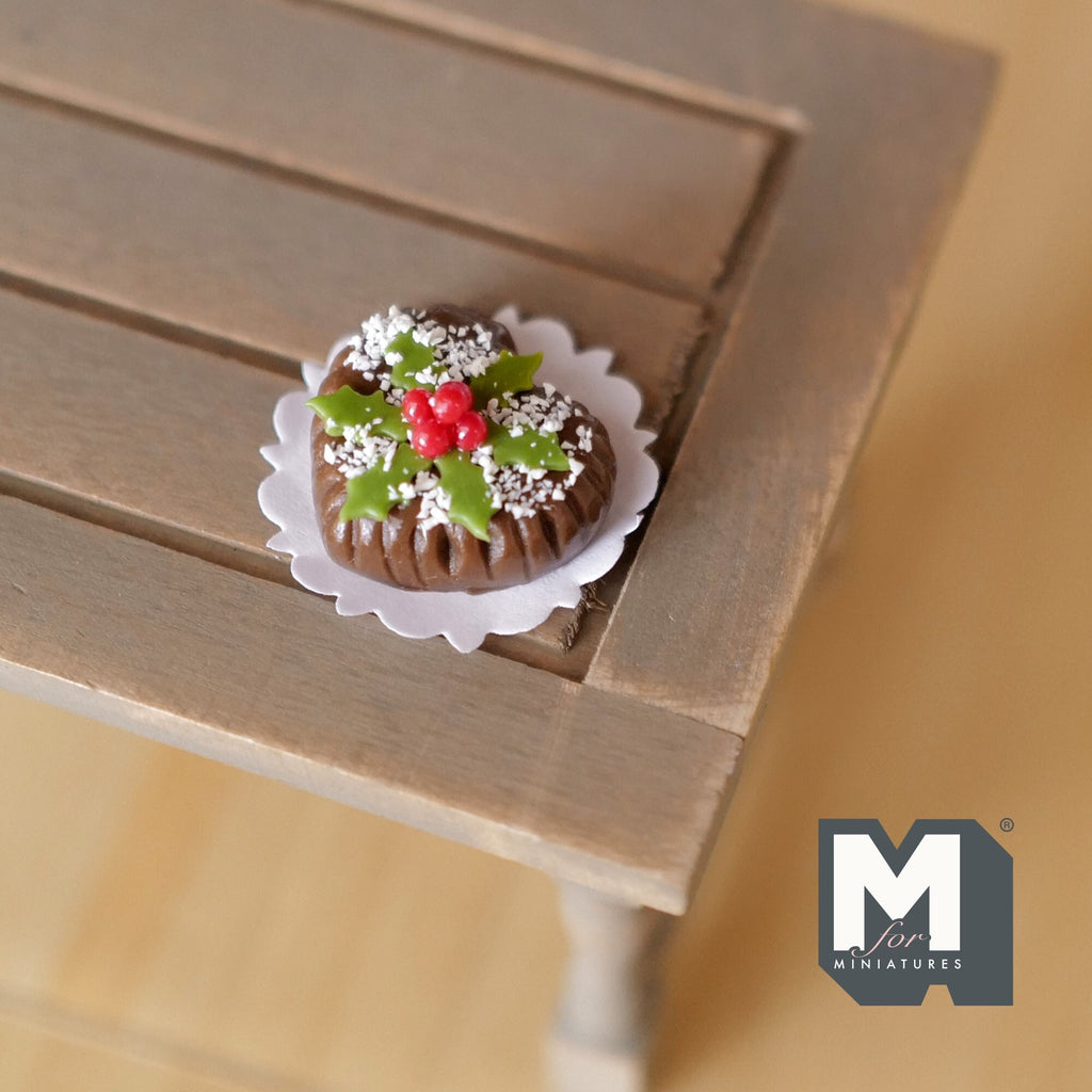 1:12 Scale Miniature Heart Shaped Chocolate Christmas Cake on Doily, 13/16 inch long, DIY Dollhouse Supply (clay)