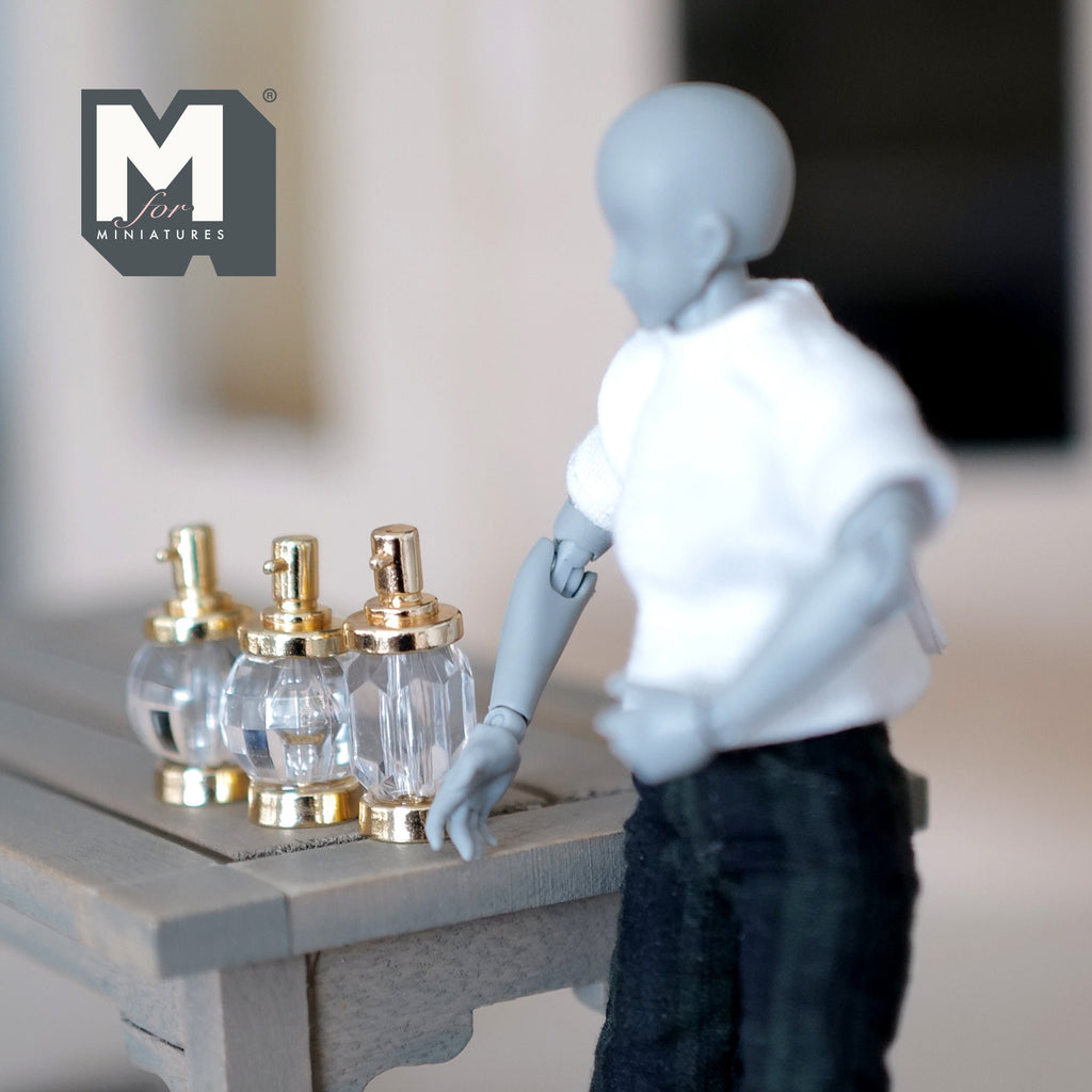 1:6 Scale Miniature Pump Dispenser Bottles, Set of 3, 1 inch tall, DIY Dollhouse Supply (clear and gold)
