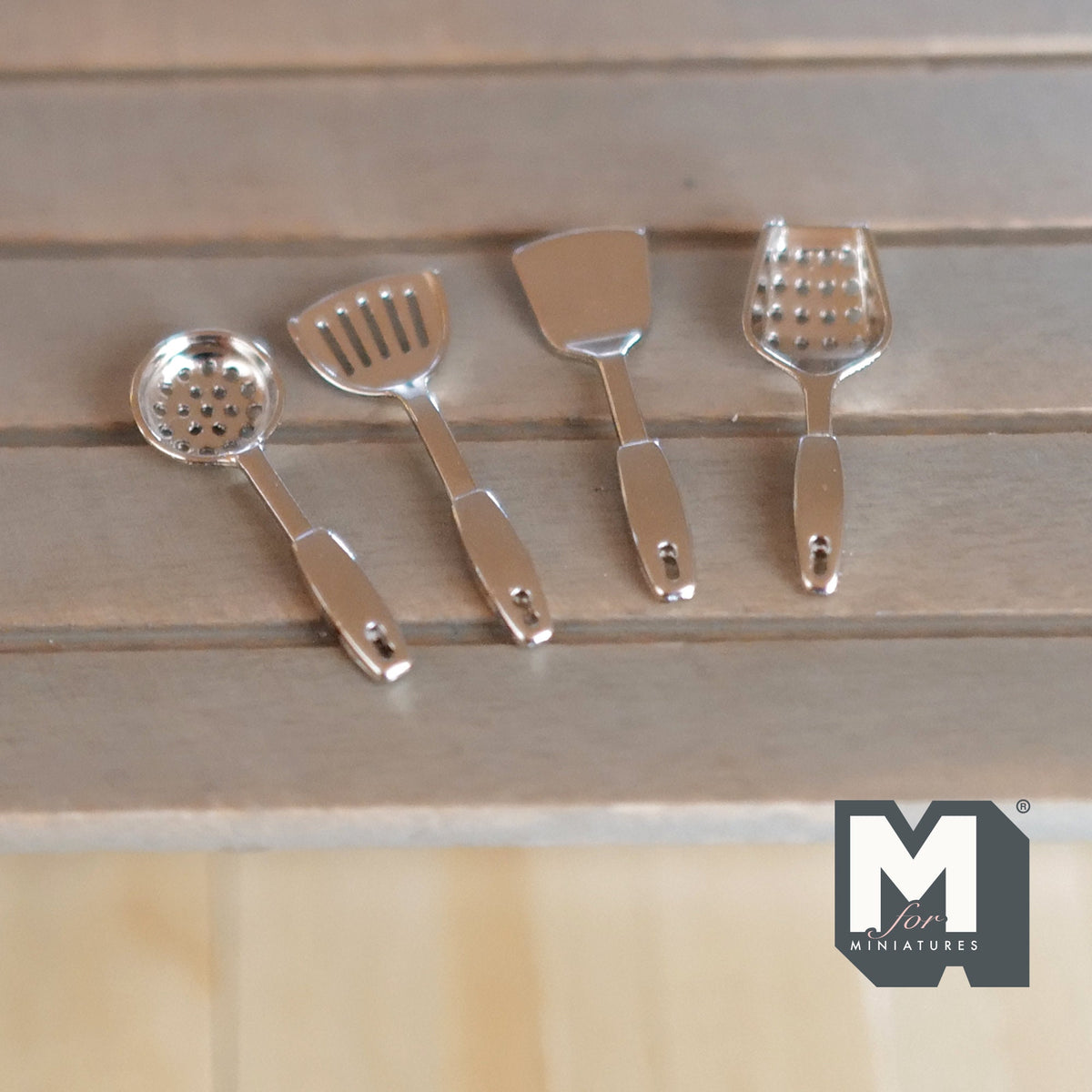 1:12 Scale Miniature Metal Cooking Utensils, Set of 4, 1-3/16 inch long, DIY Dollhouse Supply (bronze)