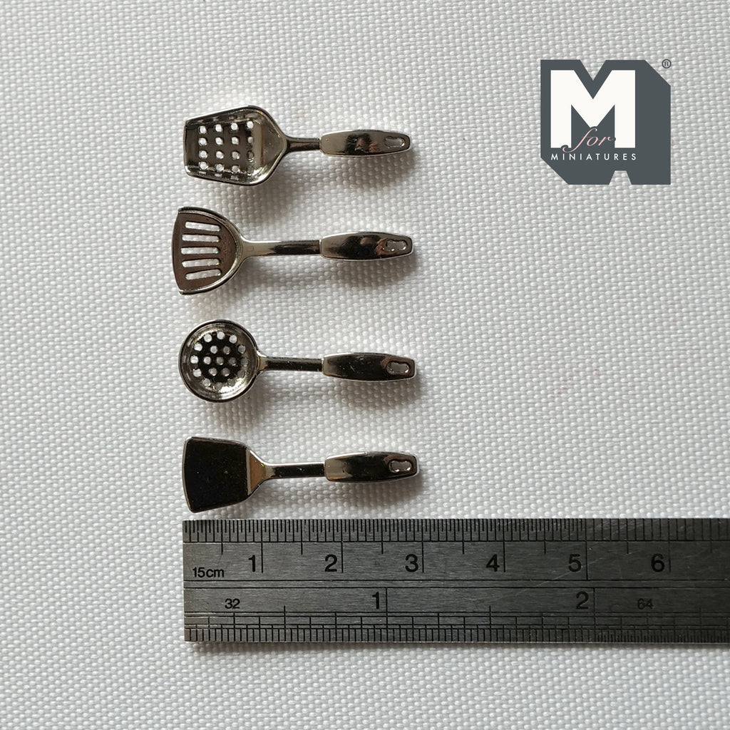 1:12 Scale Miniature Metal Cooking Utensils, Set of 4, 1-3/16 inch long, DIY Dollhouse Supply (bronze)