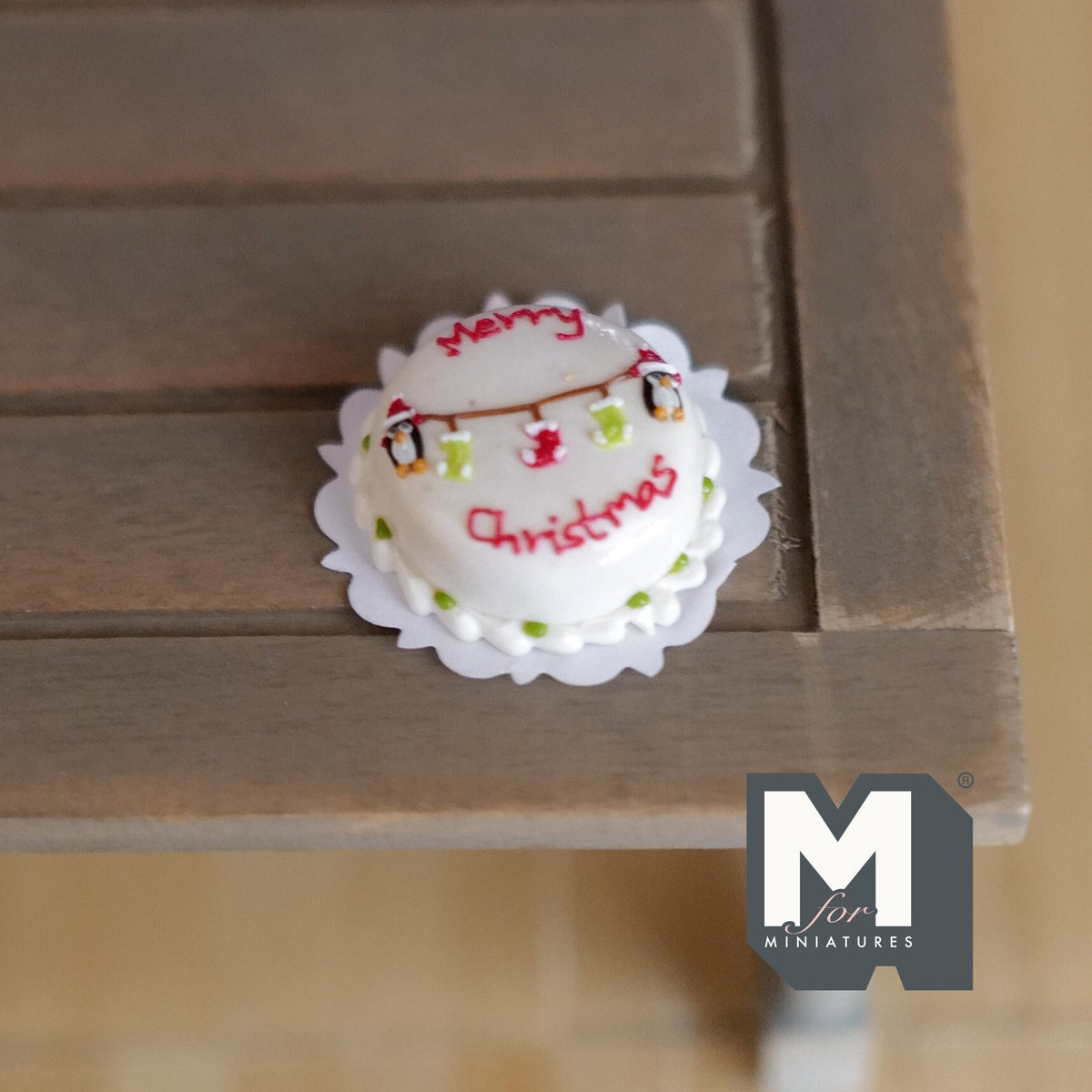 1:12 Scale Miniature Merry Christmas Cake with Garland, 7/8 inch dia., DIY Dollhouse Supply (clay)