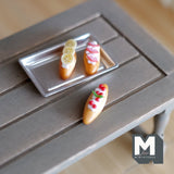 Miniature Fruit Buns Set of 3 , 1:12 Scale Dollhouse Food Strawberry Banana Cherry Hot Dog with Metal Tray Set of 4 - E030