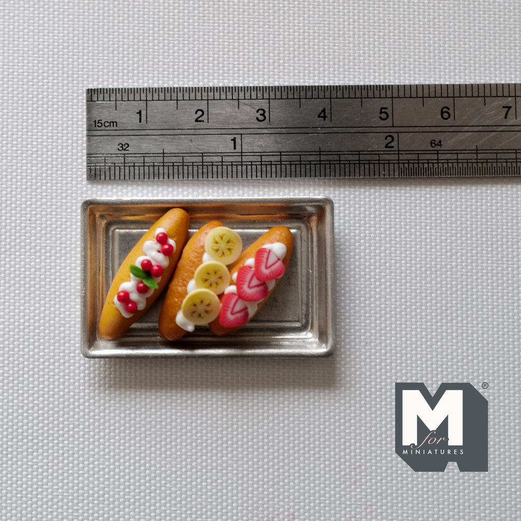 1:12 Scale Miniature Fruit Buns with Tray, Set of 3, 7/8 inch long, DIY Dollhouse Supply
