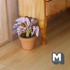 1:12 scale miniature potted pink and green variegated leaf plant in a clay pot, on a wood floor beside a dresser leg