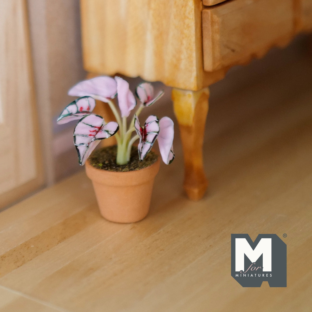 1:12 Scale Miniature Potted Pink and Green Variegated Leaf Plant in Clay Pot, 1-9/16 inch tall, DIY Dollhouse Supply