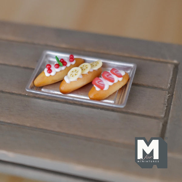 Miniature Fruit Buns Set of 3 , 1:12 Scale Dollhouse Food Strawberry Banana Cherry Hot Dog with Metal Tray Set of 4 - E030