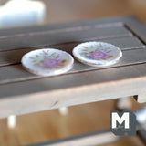 Miniature Flowers Print Ceramic Plates 1 Inch Scale Dollhouse Supplies Plates Set of 2 - A040