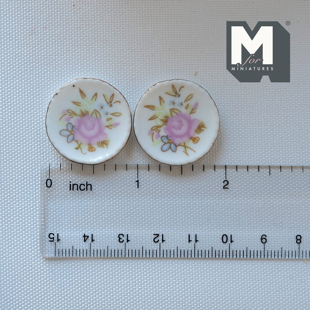 1:12 Scale Miniature Ceramic Plates, Pink Floral Print, Set of 2, 1 inch dia., DIY Dollhouse Supply