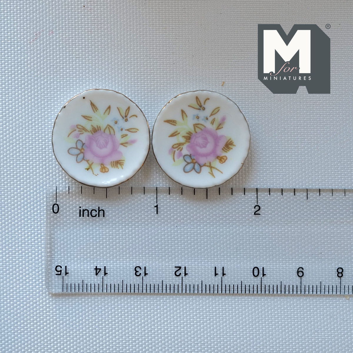 1:12 Scale Miniature Ceramic Plates, Pink Floral Print, Set of 2, 1 inch dia., DIY Dollhouse Supply