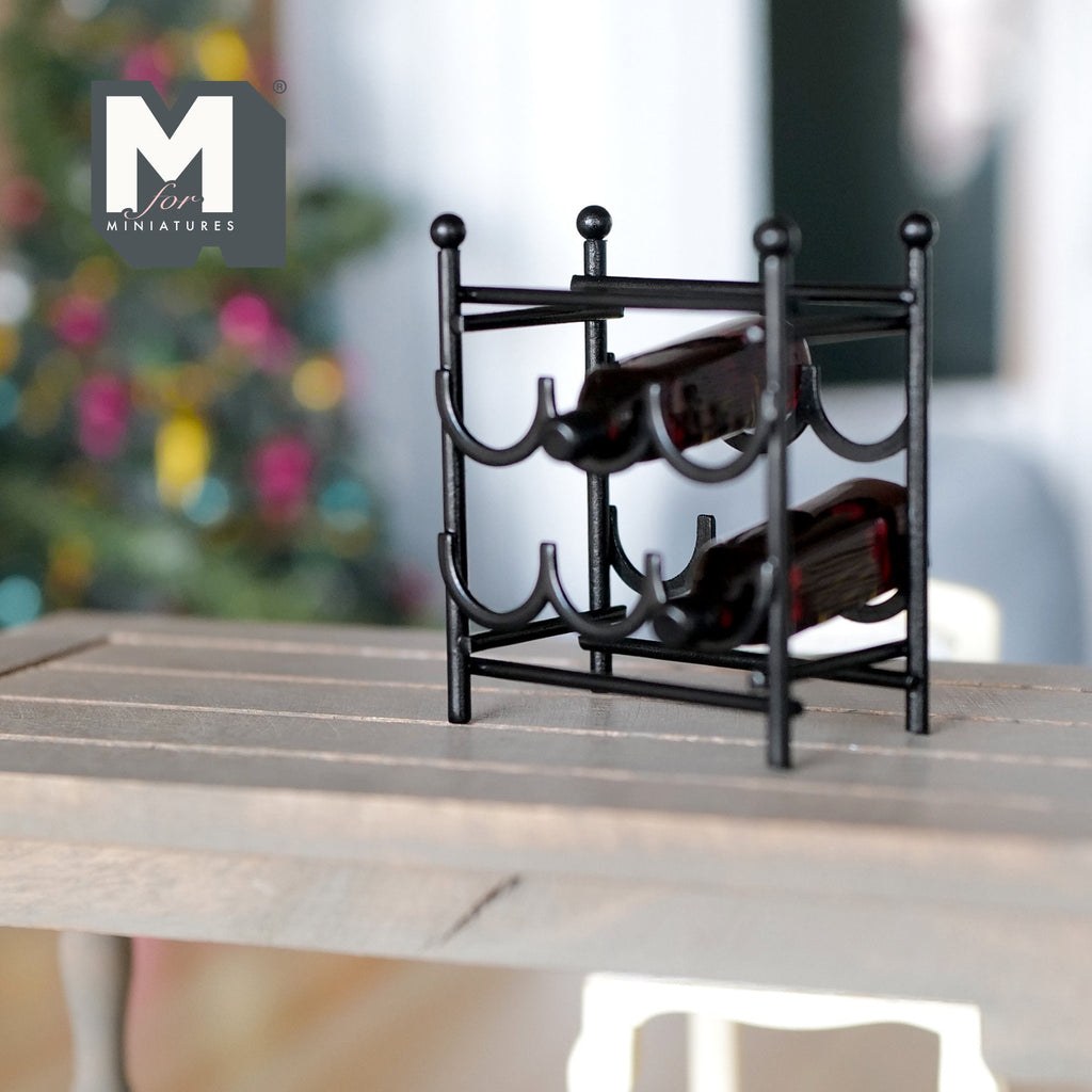 1:12 Scale Miniature Metal Wine Rack with 2 Wine Bottles, Set of 3, 1-3/4 inch tall, DIY Dollhouse Supply (black)
