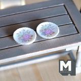 Miniature Flowers Print Ceramic Plates 1 Inch Scale Dollhouse Supplies Plates Set of 2 - A040
