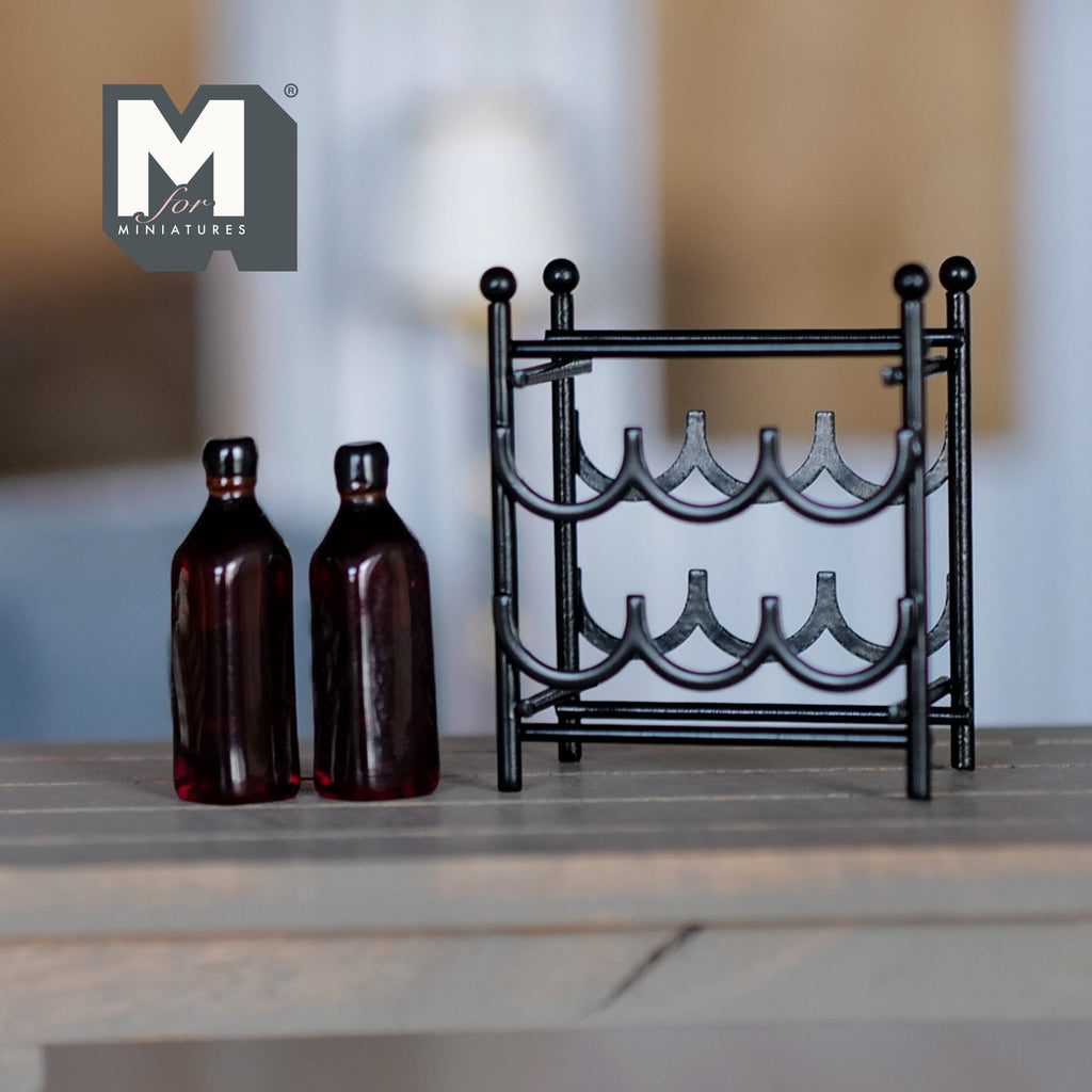 1:12 Scale Miniature Metal Wine Rack with 2 Wine Bottles, Set of 3, 1-3/4 inch tall, DIY Dollhouse Supply (black)