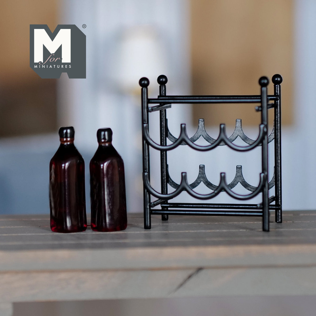 1:12 Scale Miniature Metal Wine Rack with 2 Wine Bottles, Set of 3, 1-3/4 inch tall, DIY Dollhouse Supply (black)