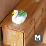 Miniature Swan Pottery Planter with Leaves 1:12 Scale Dollhouse Garden Ceramic Pot with Leaves - B094