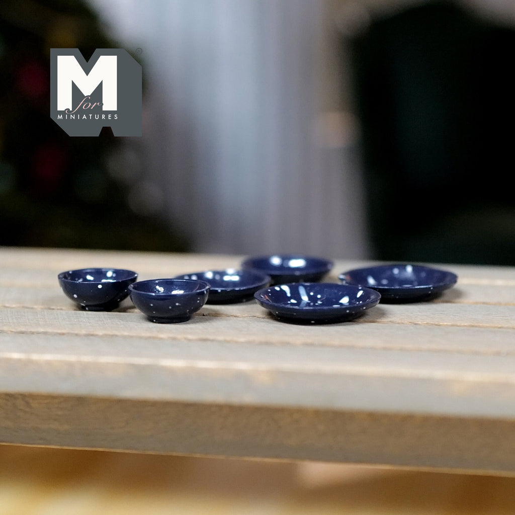 1:12 Scale Miniature Speckled Enamelware Bowls and Plates, Set of 6, 11/16 inch dia., DIY Dollhouse Supply (navy blue)