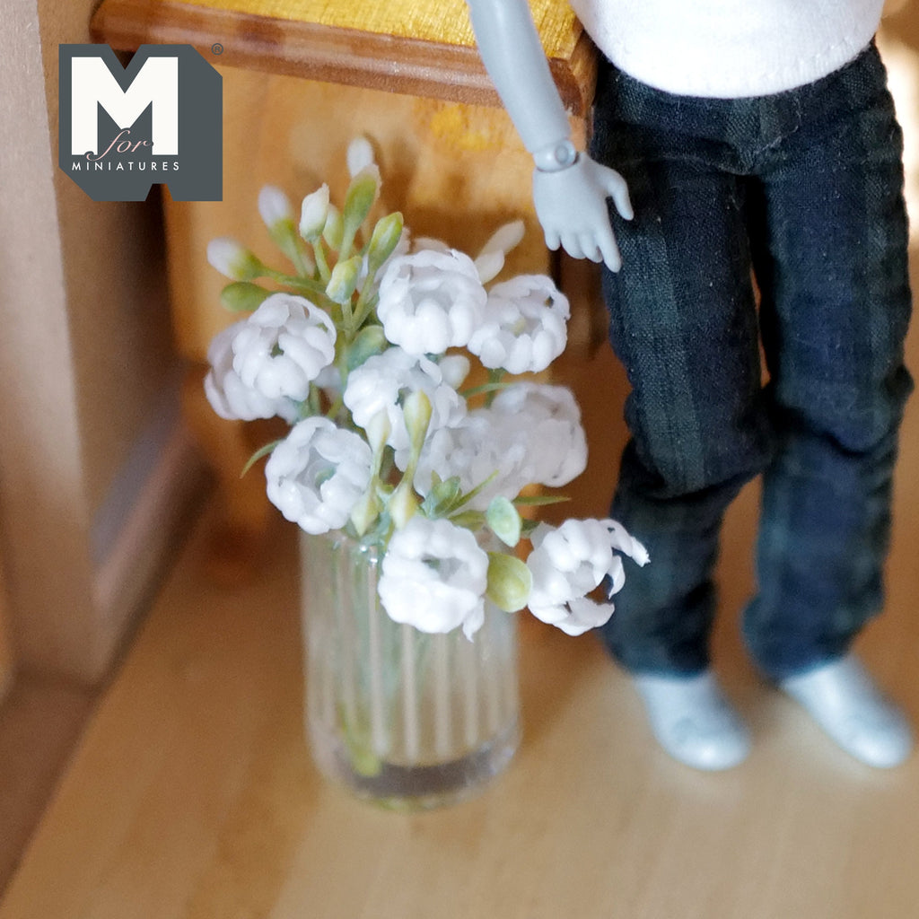 1:12 Scale Miniature White Flower Bouquet in Round Glass Vase, 2-3/4 inch tall, DIY Dollhouse Supply