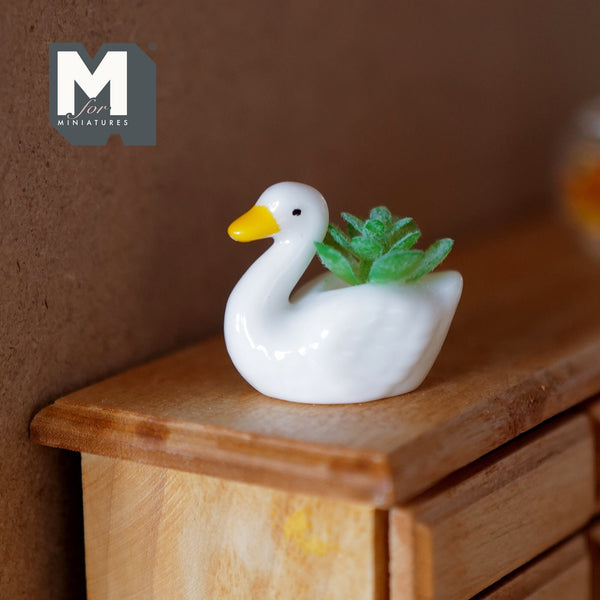 Miniature Swan Pottery Planter with Leaves 1:12 Scale Dollhouse Garden Ceramic Pot with Leaves - B094