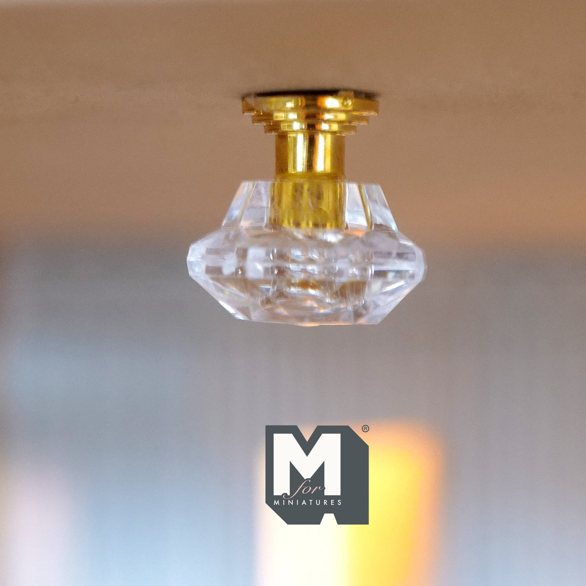 1:12 Scale Miniature Clear Faceted Ceiling Light, 1 inch dia., DIY Dollhouse Supply (gold) (non-working)