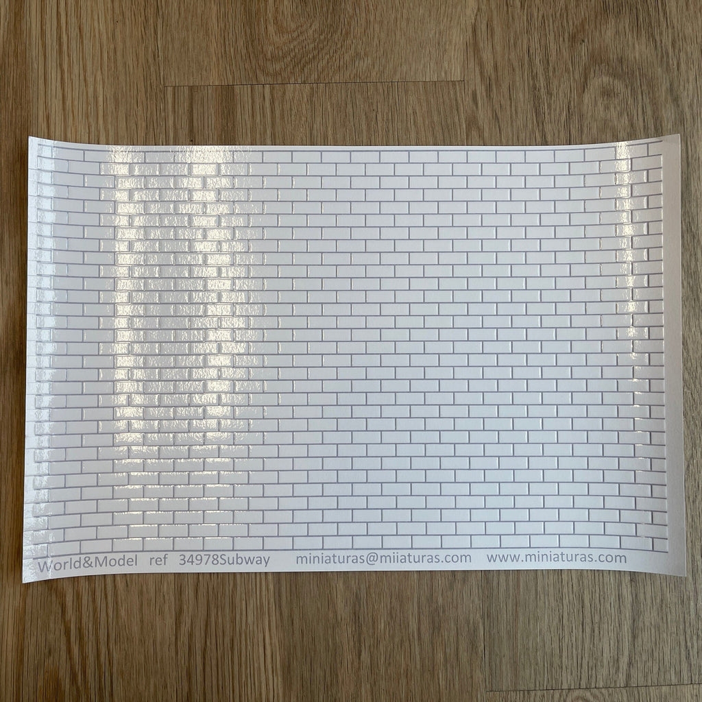 1:12 Scale Miniature White Subway Tile Embossed Wallpaper with Gray Grout, 11/16 inch Tiles, 16-1/8 x 10-1/2 inch, DIY Dollhouse Supply