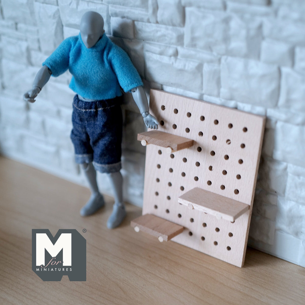 1:12 Scale Miniature Pegboard with Shelves and S Hook Hangers, Unpainted Requires Assembly, 3-15/16 inch wide, DIY Dollhouse Supply