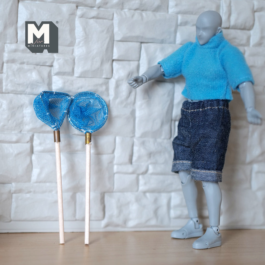 1:12 Scale Miniature Fishing Nets with Wood Handles, Set of 2, 3-3/4 inch long, DIY Dollhouse Supply
