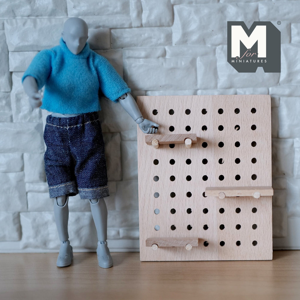 1:12 Scale Miniature Pegboard with Shelves and S Hook Hangers, Unpainted Requires Assembly, 3-15/16 inch wide, DIY Dollhouse Supply