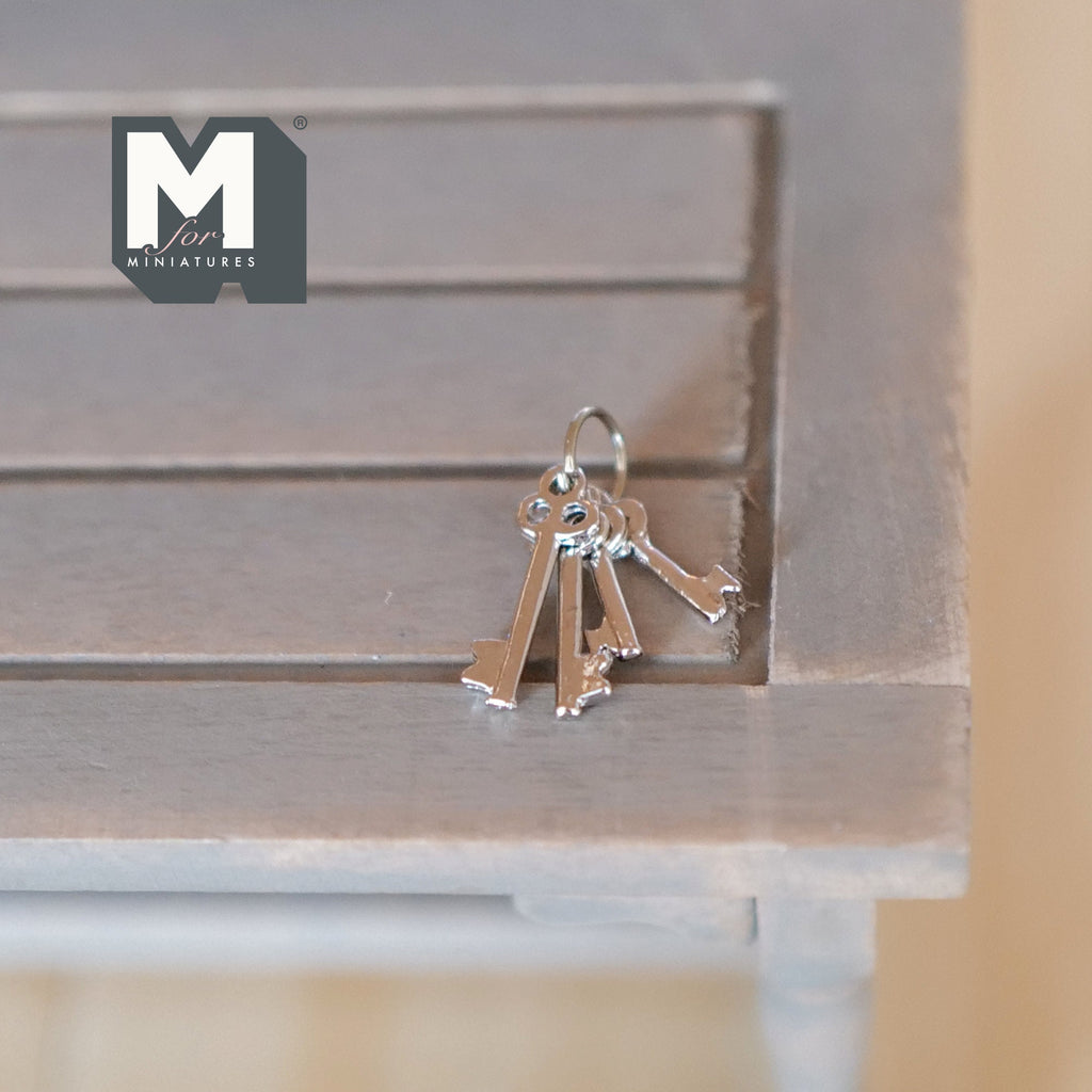 1:12 Scale Miniature Key Ring and 3 Keys, 4 Pieces, 5/8 inch long, DIY Dollhouse Supply (silver)