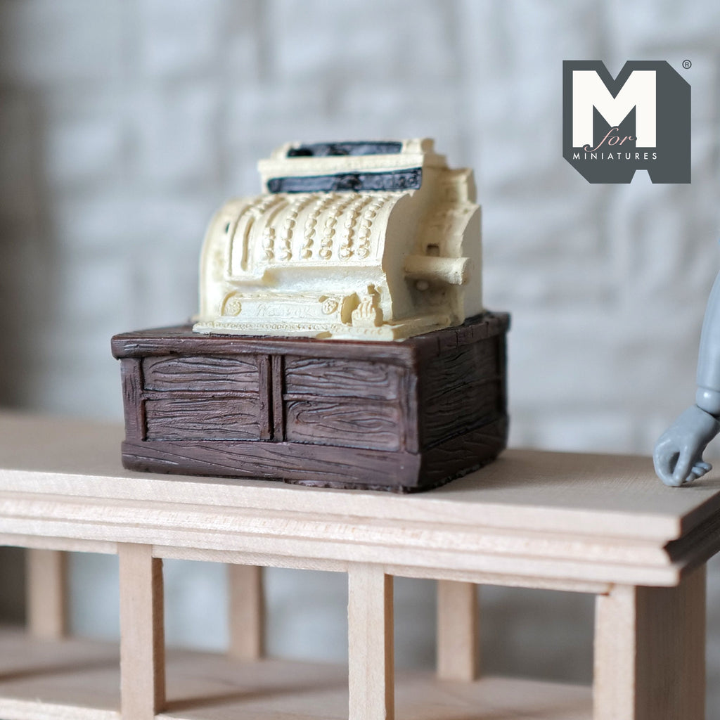 1:12 Scale Miniature Victorian Style Cash Register, Wood Look Drawer Base, 1-11/16 inch tall, DIY Dollhouse Supply (cast resin)
