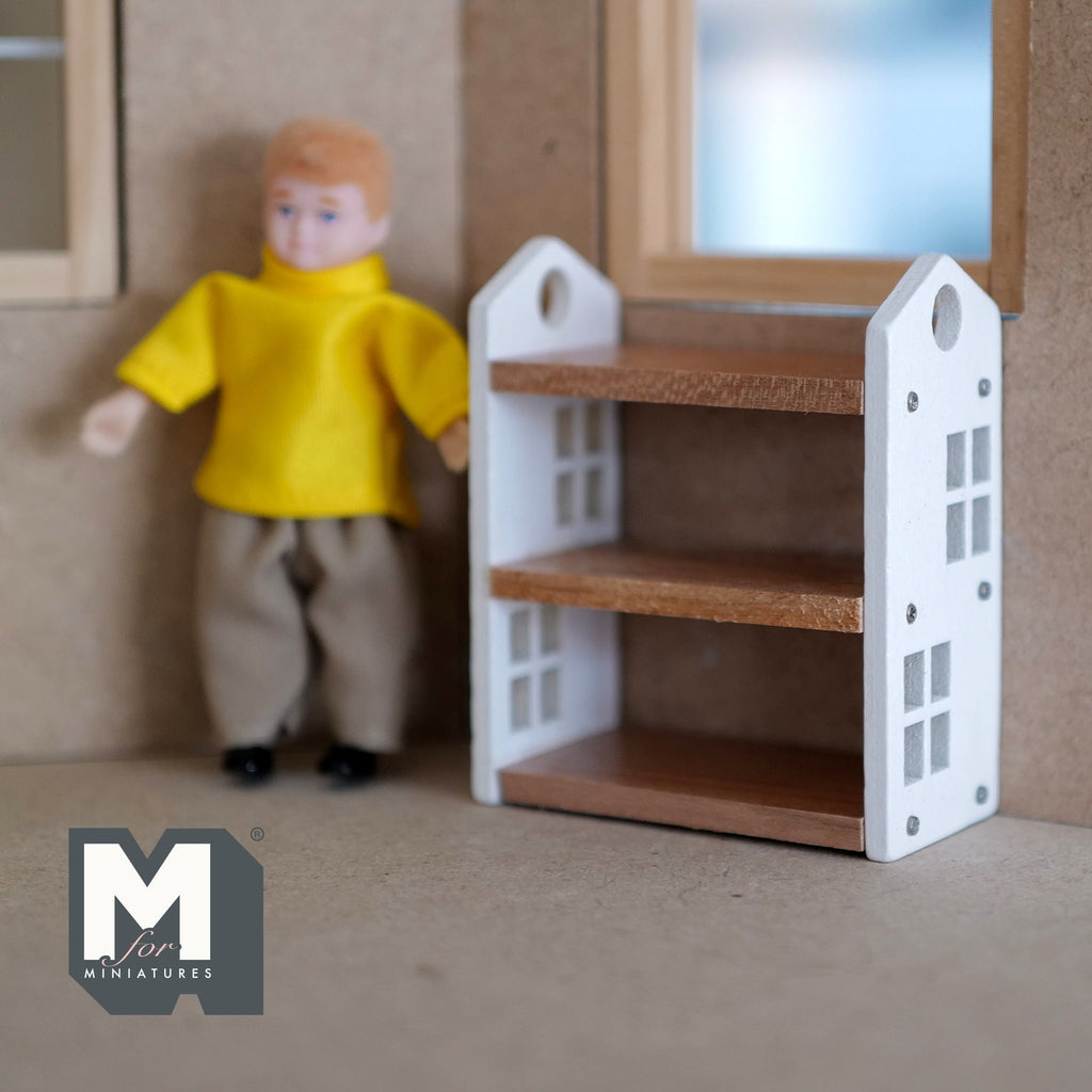 1:12 Scale Miniature Wood House Shaped Bookshelf, 3 Shelves, 2-13/16 inch tall, DIY Dollhouse Supply (white)