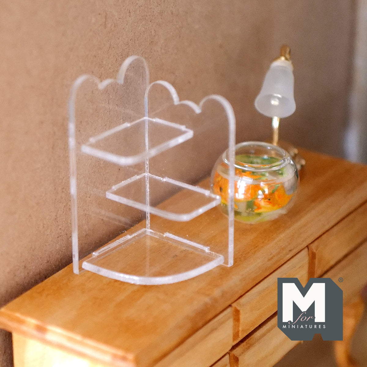 1:12 Scale Miniature Acrylic Corner Shelf, 3 Tiers, Scalloped Edges, 2-1/4 inch tall, DIY Dollhouse Supply (clear)