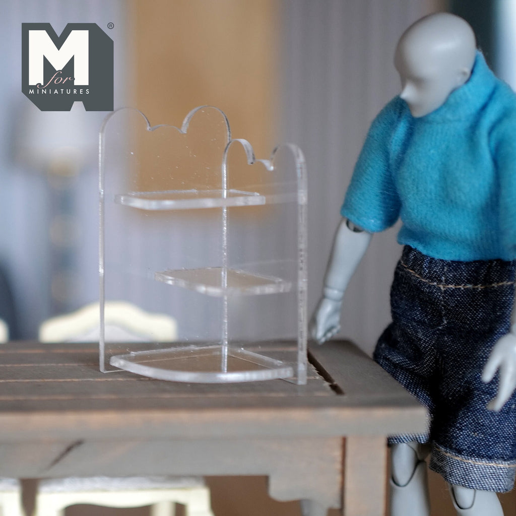 1:12 Scale Miniature Acrylic Corner Shelf, 3 Tiers, Scalloped Edges, 2-1/4 inch tall, DIY Dollhouse Supply (clear)