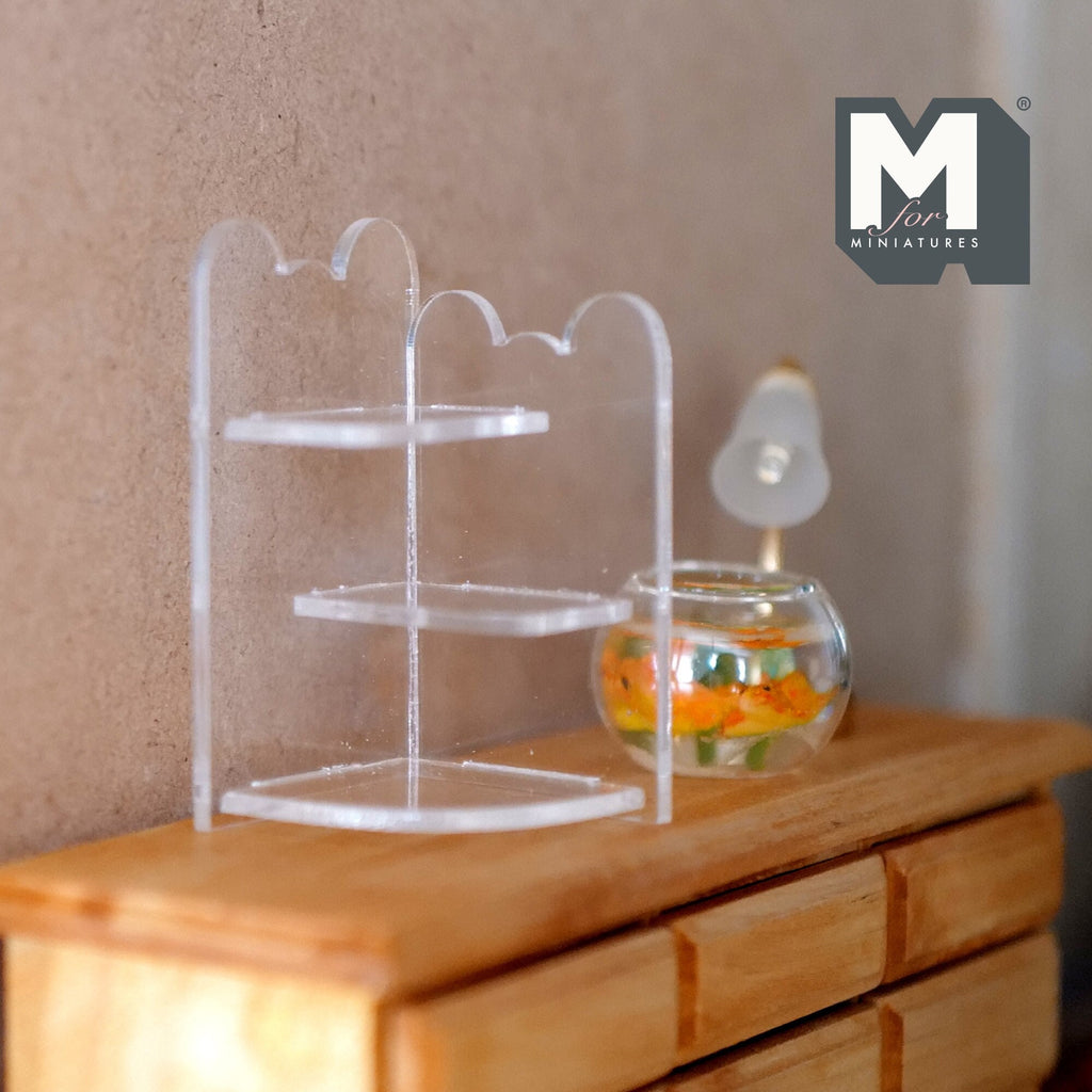 1:12 Scale Miniature Acrylic Corner Shelf, 3 Tiers, Scalloped Edges, 2-1/4 inch tall, DIY Dollhouse Supply (clear)
