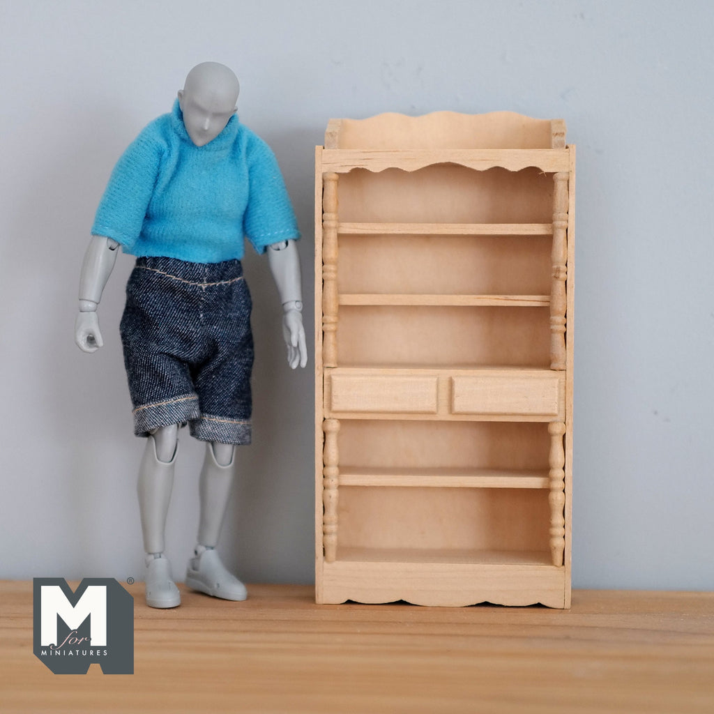 1:12 Scale Miniature Unpainted Wood Kitchen Shelf, 5 Tiers, 2 Drawers, Scalloped Top, 5-3/16 inch tall, DIY Dollhouse Supply