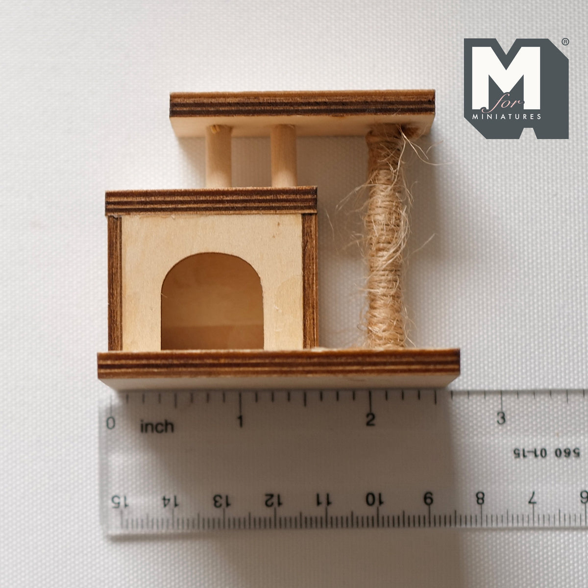 1:12 Scale Miniature Wood Cat Tree with Cat House and Scratching Post, 2-3/16 inch tall, DIY Dollhouse Supply