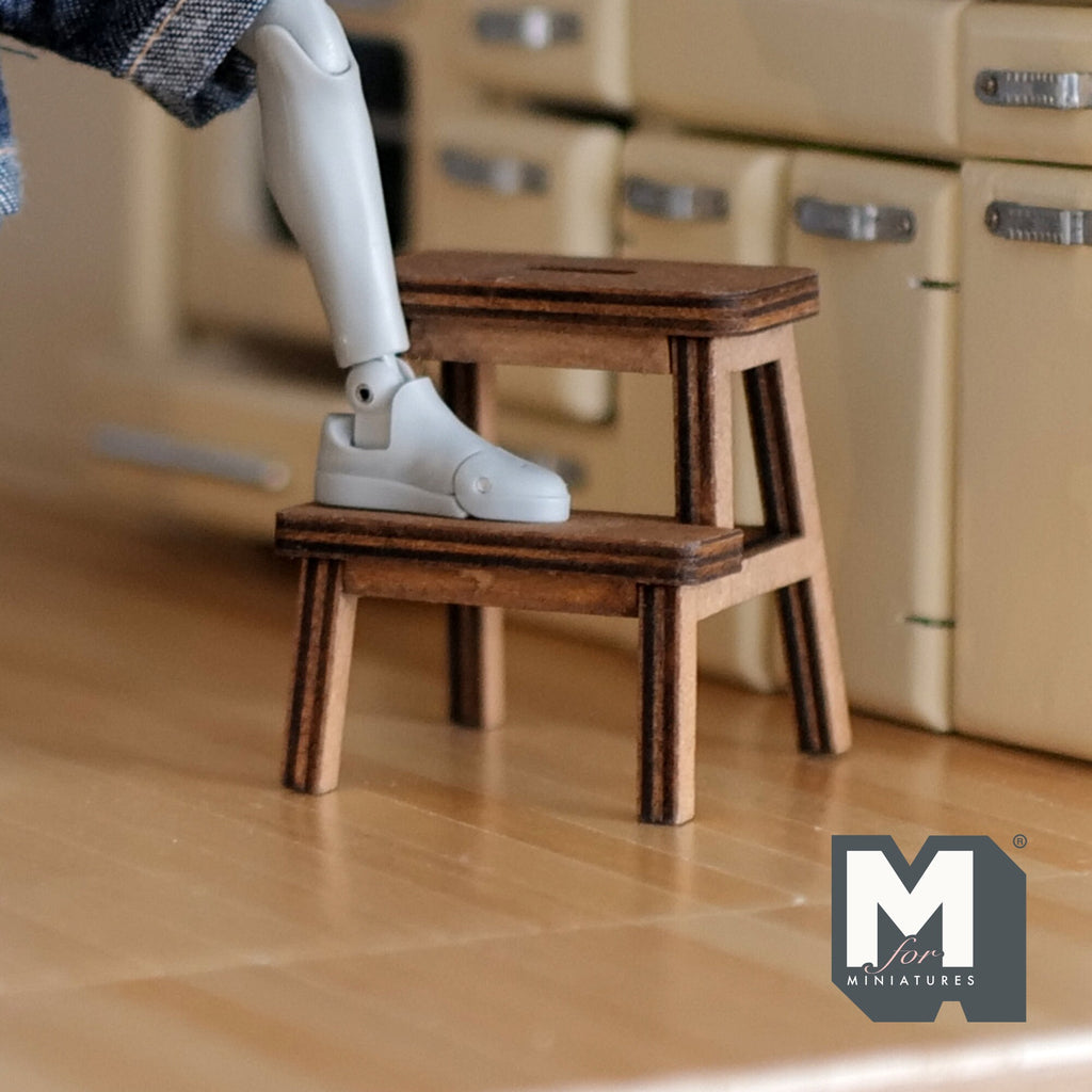 1:12 Scale Miniature Wood Kitchen Step Stool, 2 Steps, 1-3/4 inch tall, DIY Dollhouse Supply (walnut)