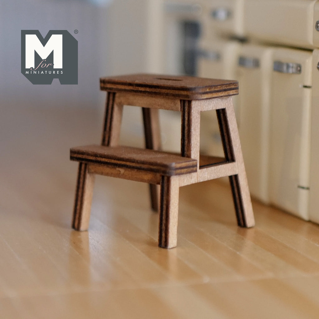 1:12 Scale Miniature Wood Kitchen Step Stool, 2 Steps, 1-3/4 inch tall, DIY Dollhouse Supply (walnut)