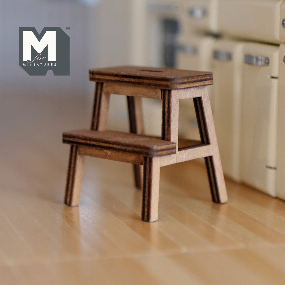 1:12 Scale Miniature Wood Kitchen Step Stool, 2 Steps, 1-3/4 inch tall, DIY Dollhouse Supply (walnut)