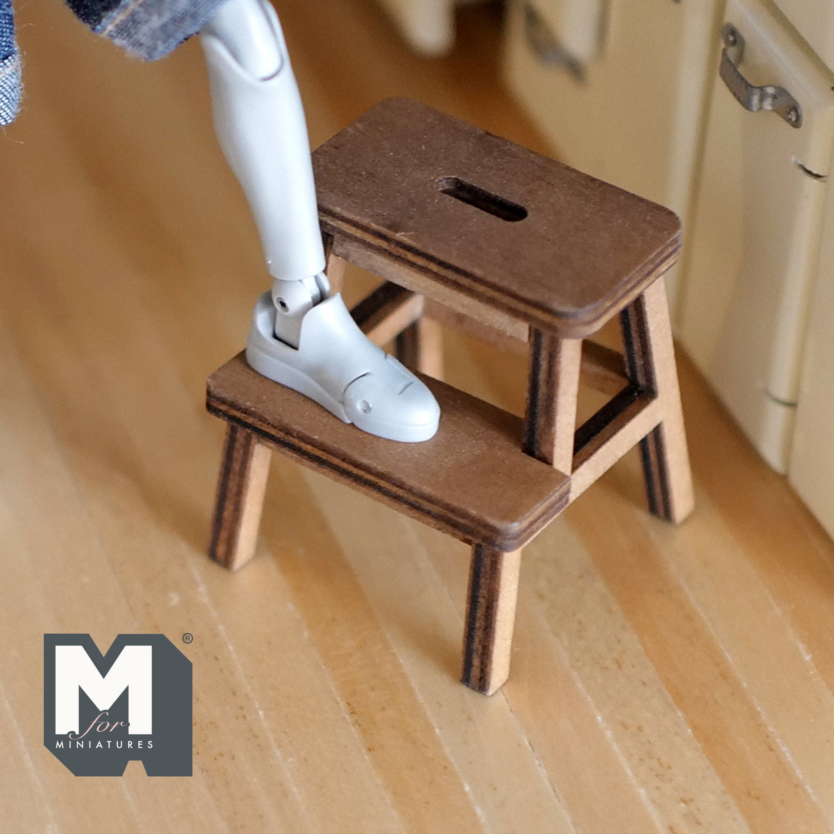 1:12 Scale Miniature Wood Kitchen Step Stool, 2 Steps, 1-3/4 inch tall, DIY Dollhouse Supply (walnut)