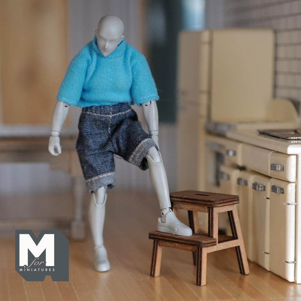 1:12 Scale Miniature Wood Kitchen Step Stool, 2 Steps, 1-3/4 inch tall, DIY Dollhouse Supply (walnut)