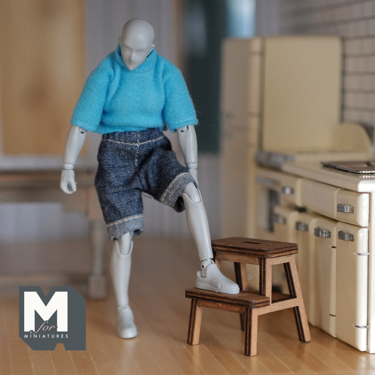 1:12 Scale Miniature Wood Kitchen Step Stool, 2 Steps, 1-3/4 inch tall, DIY Dollhouse Supply (walnut)