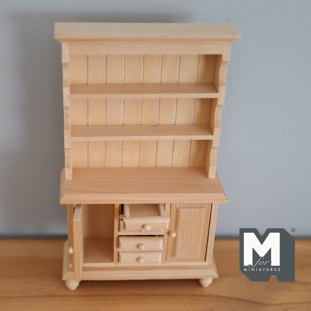 1:12 Scale Miniature Unpainted Wood Kitchen Hutch, 2 Doors and 4 Drawers, 6-5/8 inch tall, DIY Dollhouse Supply