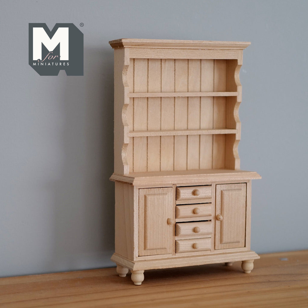 1:12 Scale Miniature Unpainted Wood Kitchen Hutch, 2 Doors and 4 Drawers, 6-5/8 inch tall, DIY Dollhouse Supply