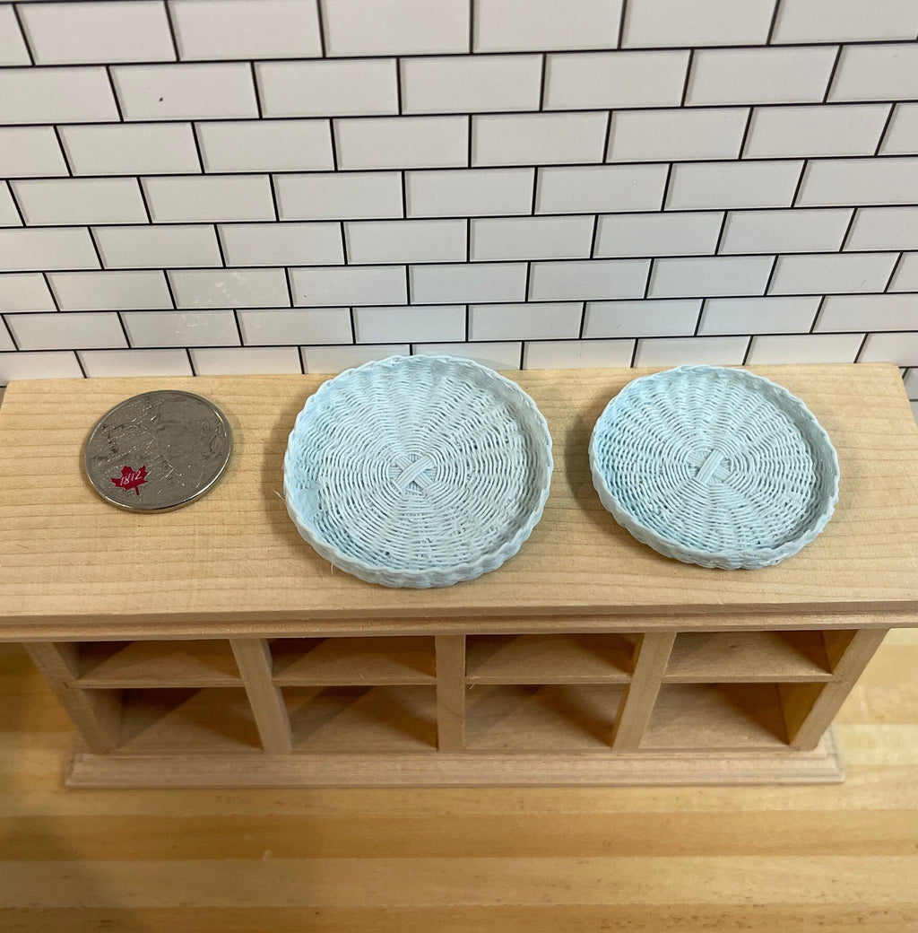 1:12 Scale Miniature Woven Look Round Trays, Set of 2, 1-5/8 inch dia., DIY Dollhouse Supply (light blue)